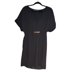 Women’s Zara‎ Basics Black V-Neck Dress with Gold Metallic Accent size medium
